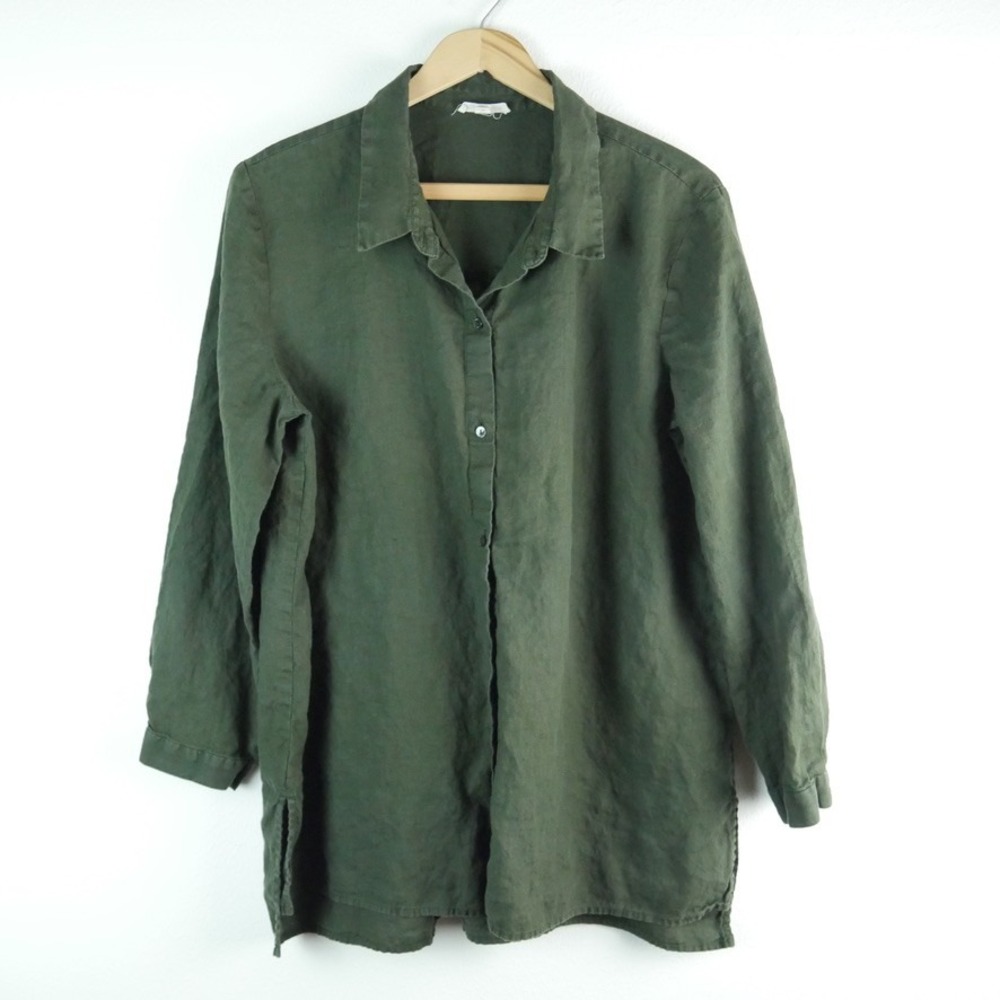 Eileen Fisher Organic Linen Button Down Shirt Forest Green Large Minimal Capsule